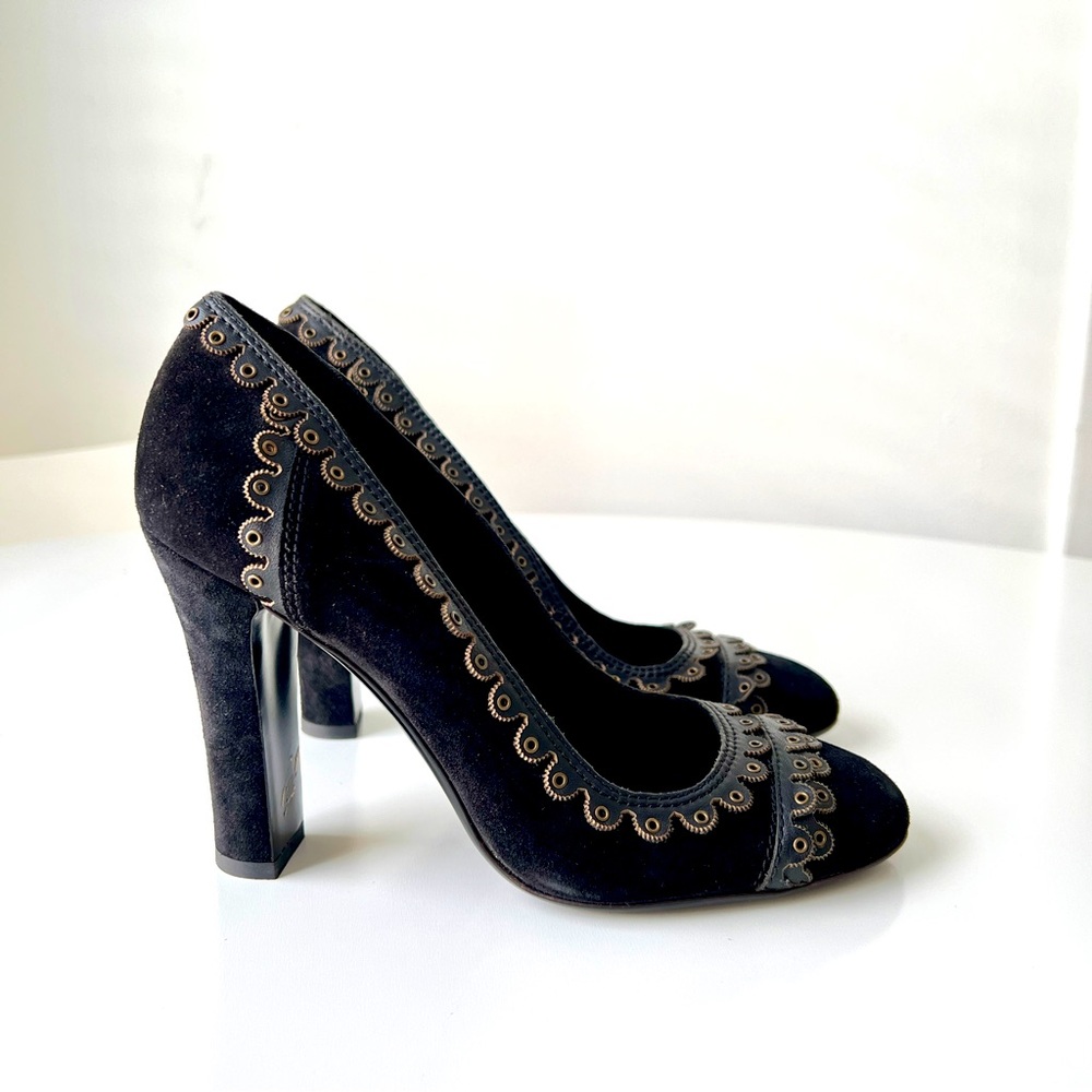Burberry Black Suede Heels with Leather Trim and Grommets